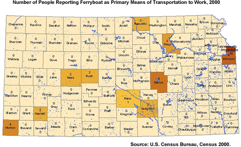 Map showing Number of People Reporting Ferryboat as Primary Means of Transportation to Work in 2000 Census