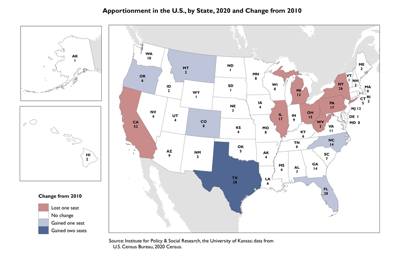 Map showing 2020 apportionment and change from 2010 by state